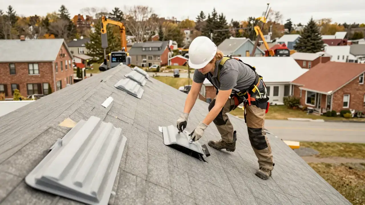 Roof Vent & Pipe Boot Repair in New Brunswick: roofer replacing a damaged plastic roof vent cover on a residential roof