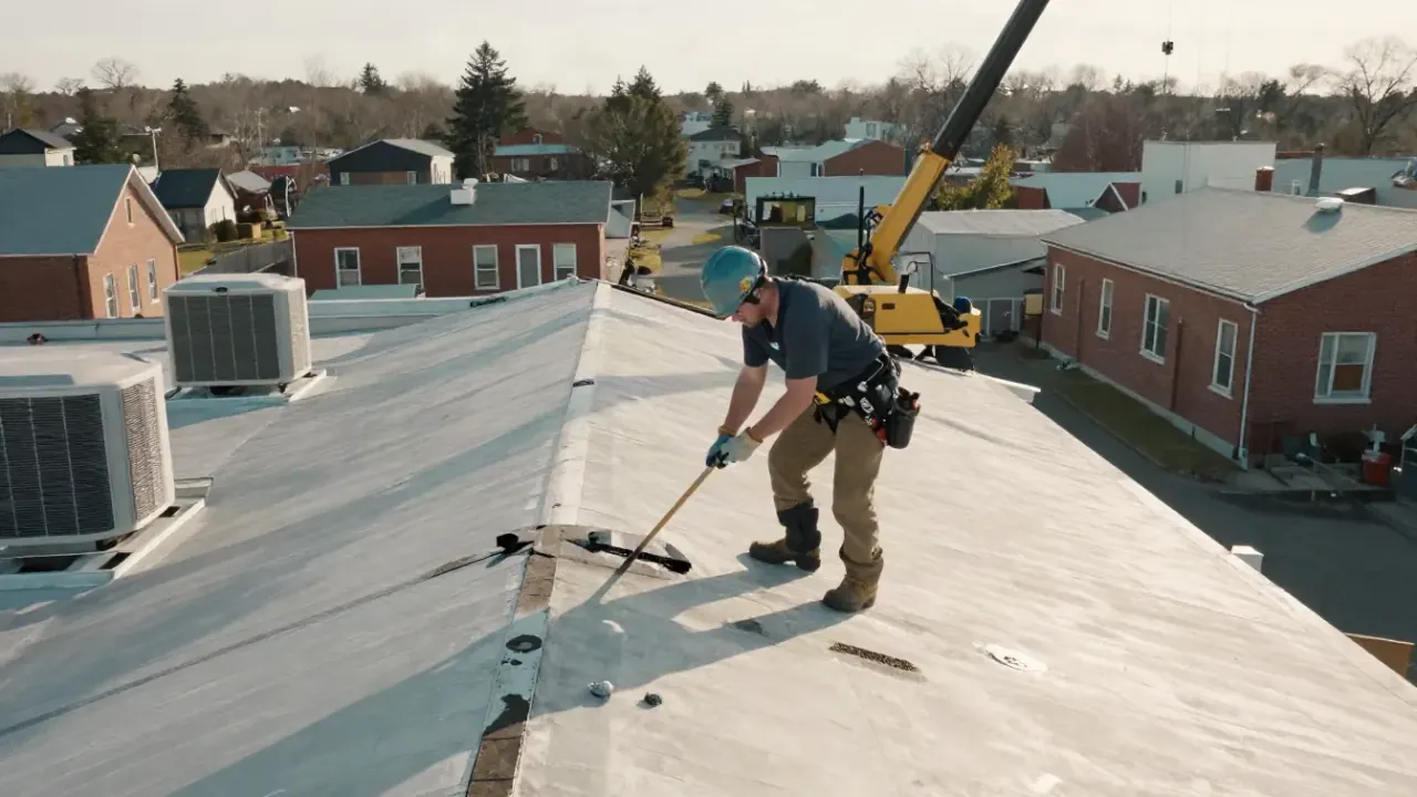 Roof Leak Repair in New Brunswick: wide shot of a roofer inspecting a commercial flat roof with several HVAC units, looking