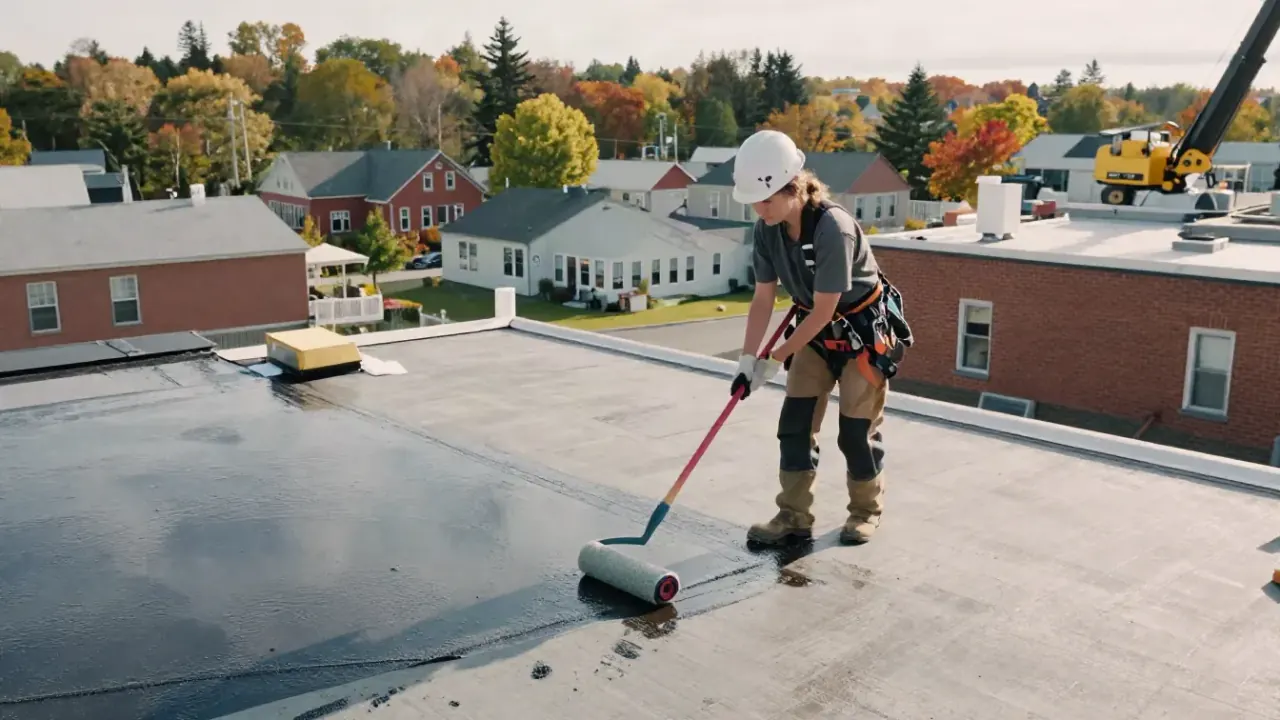 Flat Roof Leak Repair in New Brunswick: roofer applying a liquid elastomeric coating with a roller to a small ponding area