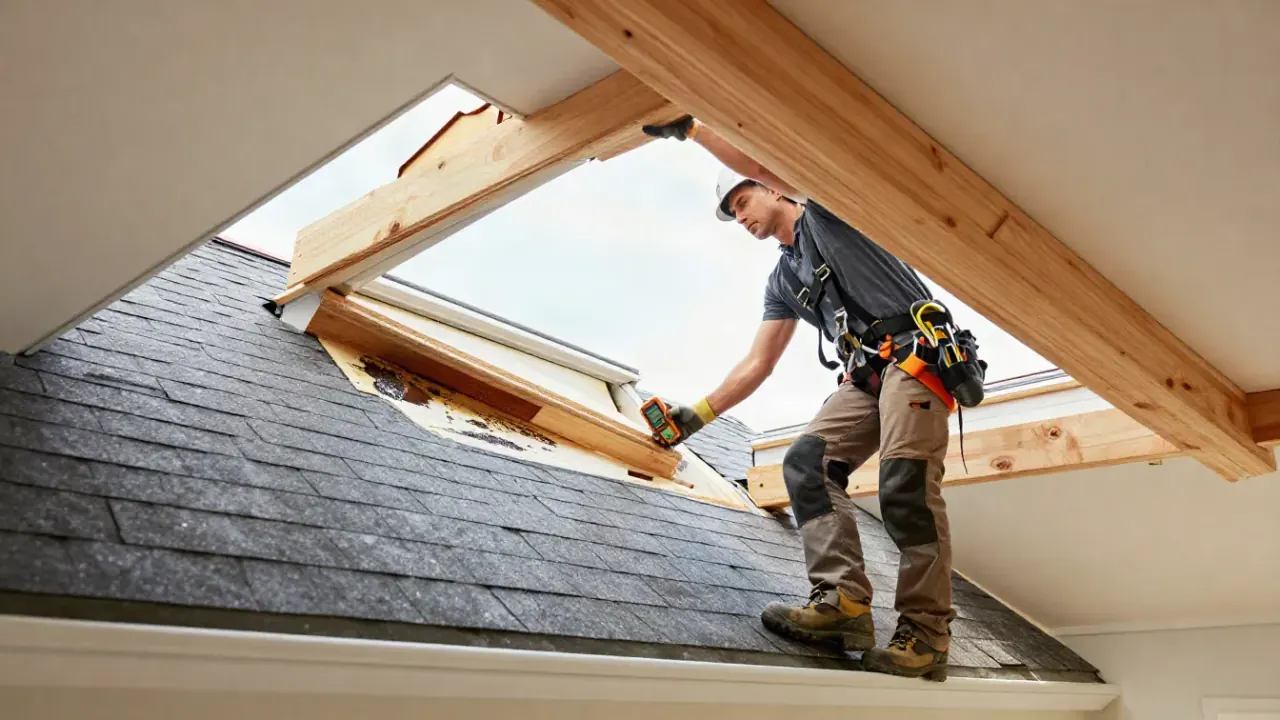 Skylight Leak Repair in New Brunswick: roofer from inside an attic, inspecting the interior frame of a skylight for water